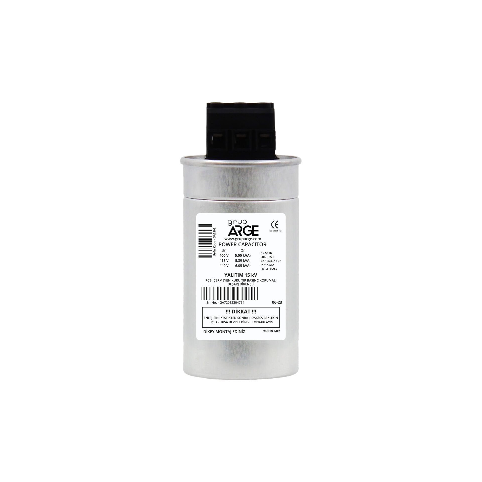 GA7205 GRUP ARGE TRİFAZE TÜP KONDANSATÖR 5KVAR 400V KND-T-5.0